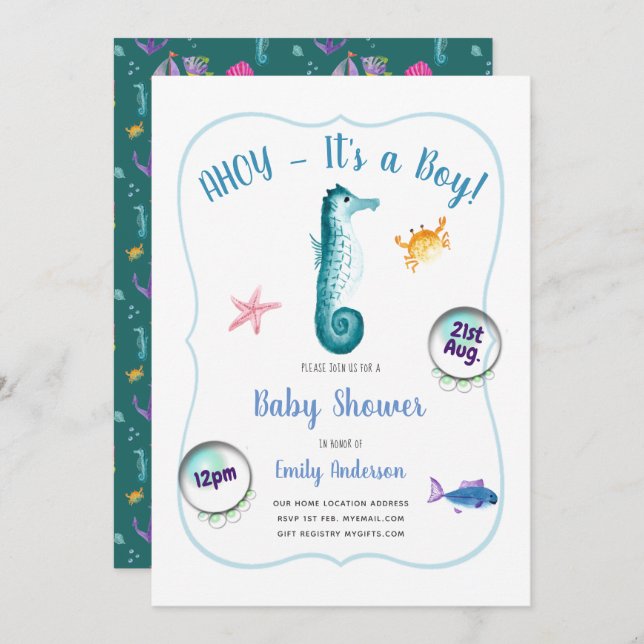 AHOY its a Baby Boy Shower Invites Ocean Seahorse (Front/Back)