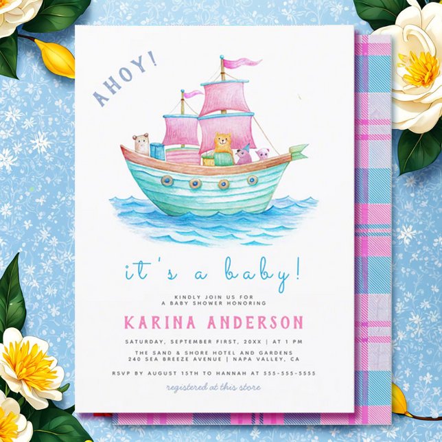 Ahoy It's A Baby Ship Animals Sailboat Baby Shower Invitation (Creator Uploaded)