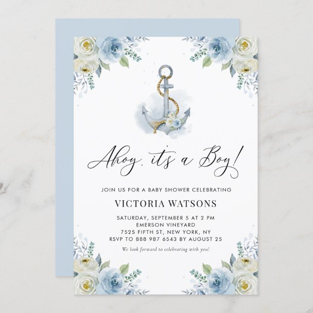Ahoy It's a Boy Anchor Floral Nautical Baby Shower Invitation (Front/Back)