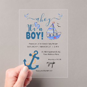 Ahoy It's a Boy Anchor Nautical Baby Shower Blue Acrylic Invitations