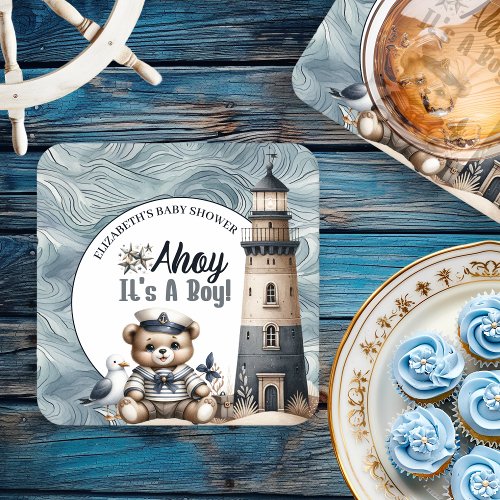 Ahoy Its A Boy Baby Boy Baby Shower Square Paper Coaster