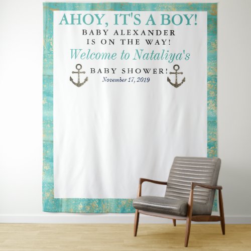 Ahoy Its a Boy Baby Shower Blue Ocean Nautical Tapestry
