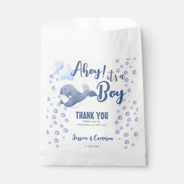 Ahoy it's a boy baby shower blue whale custom favor bag (Front)