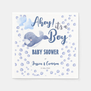 Ahoy it's a boy baby shower blue whale custom napkins