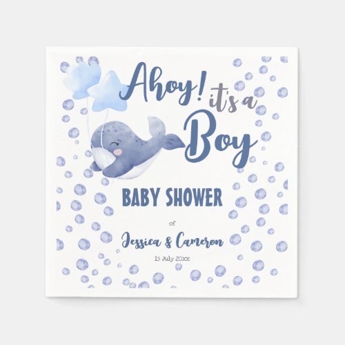 Ahoy its a boy baby shower blue whale custom napkins