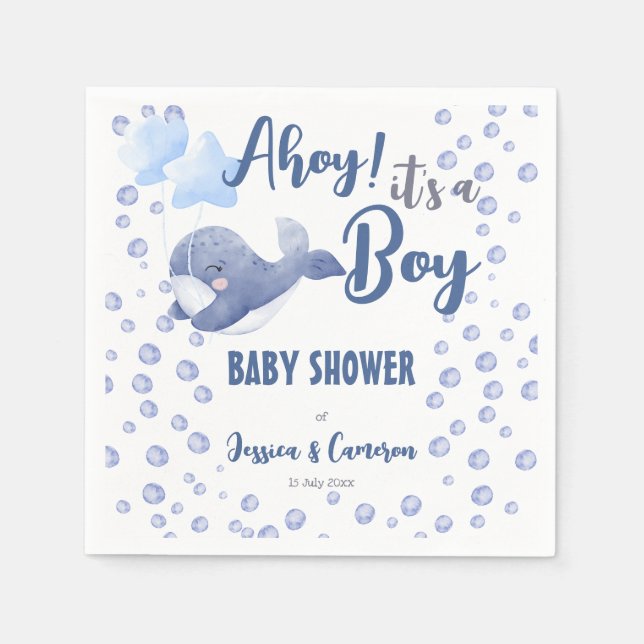 Ahoy it's a boy baby shower blue whale custom napkins (Front)