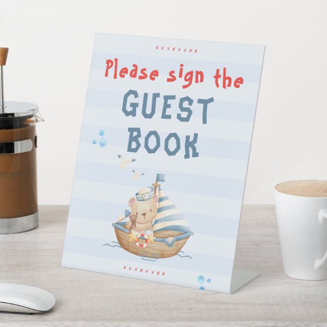 Ahoy Its A Boy Baby Shower Guest Book Pedestal Sign (In SItu)