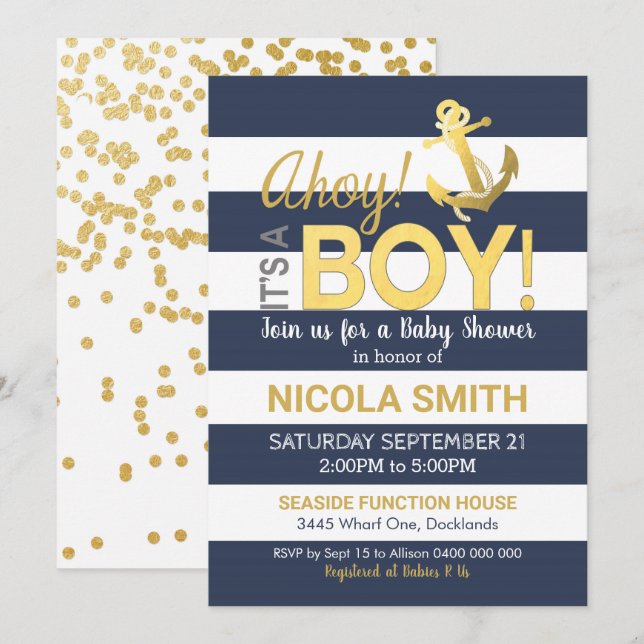 Ahoy it's a Boy Baby Shower Invitation Gold Navy (Front/Back)