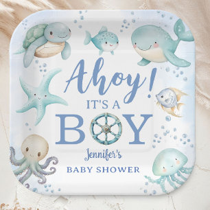 Ahoy it's A Boy Baby Shower Sailor Nautical Blue Paper Plates