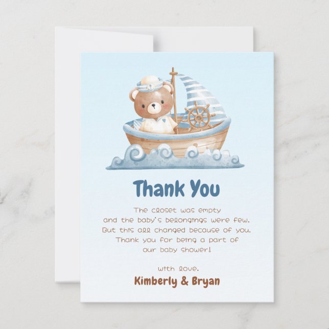 Ahoy Its A Boy Baby Shower Thank You Cards Bear (Front)