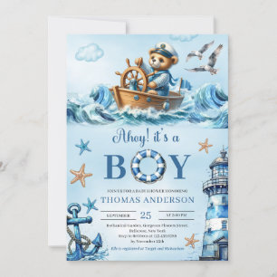Ahoy it's a boy blue and brown teddy bear sailor invitation