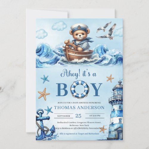 Ahoy its a boy blue and brown teddy bear sailor invitation