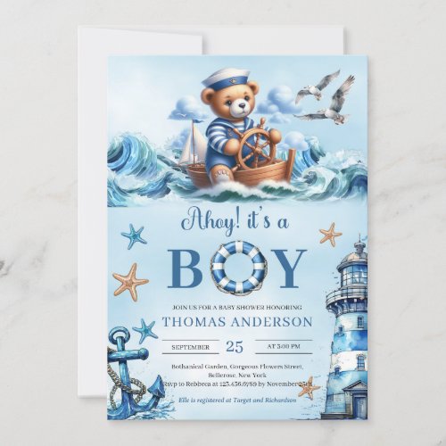 Ahoy its a boy blue and brown teddy bear sailor invitation