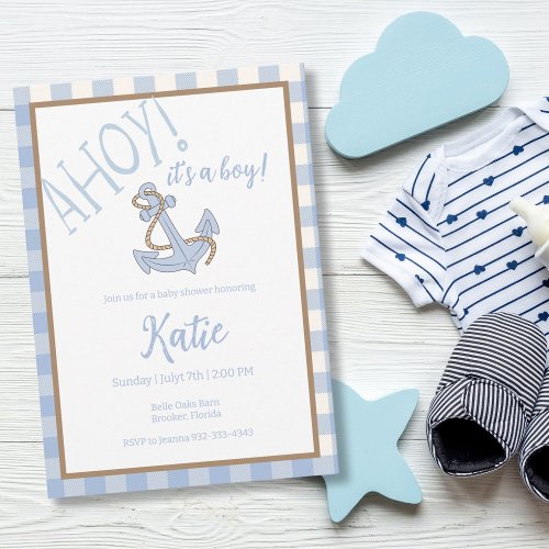 Ahoy its a boy blue and white baby shower invitation