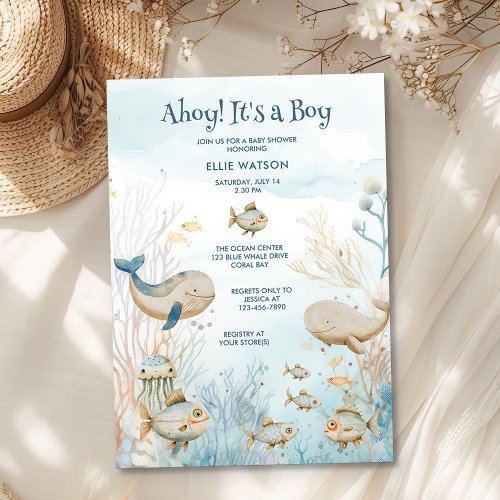 Ahoy Its a Boy Blue Beige Coral Whale Baby Shower Invitation