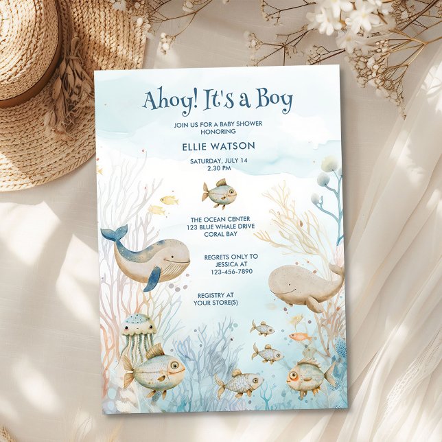 Ahoy Its a Boy Blue Beige Coral Whale Baby Shower Invitation (Ahoy its a Boy invitation from the Whale Baby Shower Collection by Darling & May)
