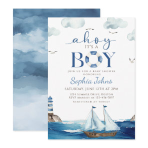 Ahoy It's A Boy Blue Boat Nautical baby shower Invitation
