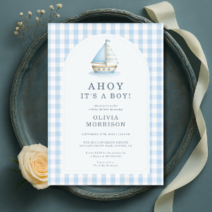 Ahoy It's a Boy Blue Gingham Baby Shower Invitation