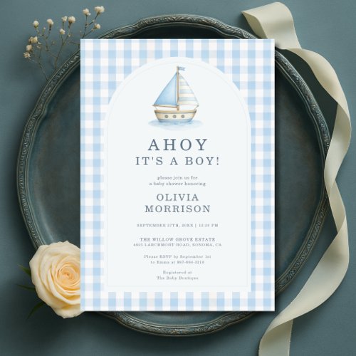 Ahoy It's a Boy Blue Gingham Baby Shower Invitation