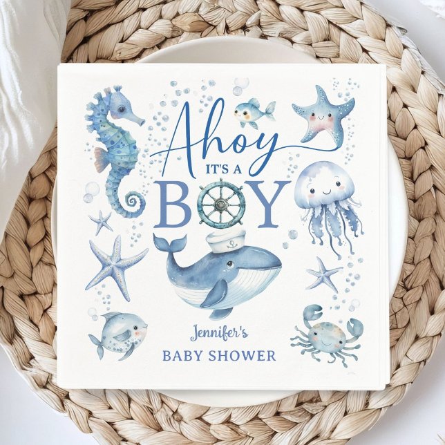 Ahoy It's a Boy Blue Nautical Sailor Baby Shower Napkins (Creator Uploaded)