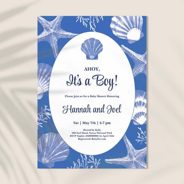 Ahoy Its a boy Blue Ocean Shells Baby Shower Invitation (Creator Uploaded)