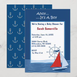 Ahoy It's a Boy Blue Sailboat Baby Shower Invitation