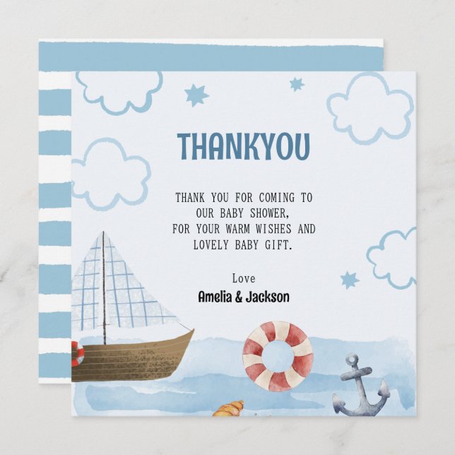 Ahoy its a boy blue Sailboat  baby shower Thank You Card (Front/Back)