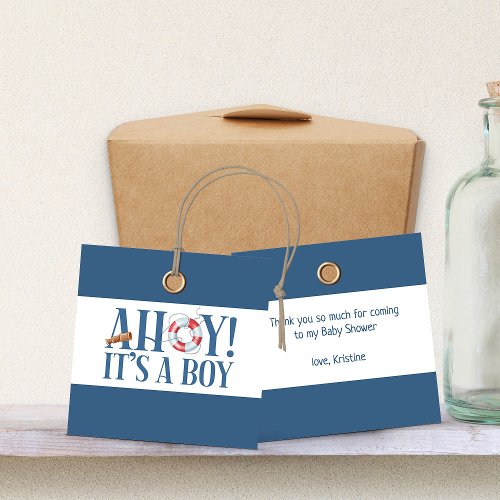 Ahoy Its a Boy Blue Typography Thank You Favor Tags