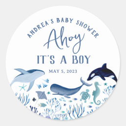 Ahoy It&#39;s a Boy Blue Under the Sea Baby Shower Classic Round Sticker