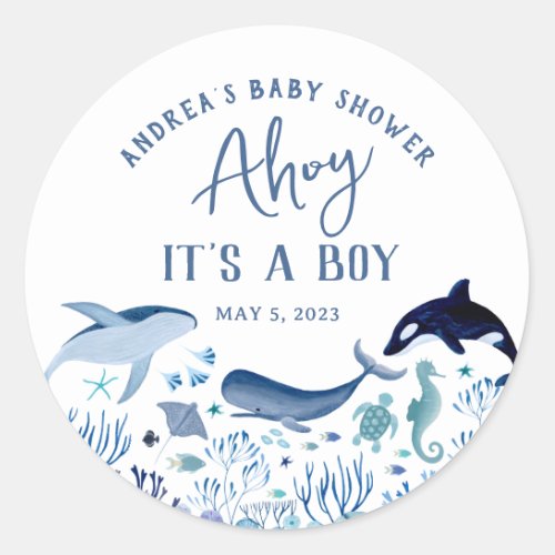 Ahoy Its a Boy Blue Under the Sea Baby Shower Classic Round Sticker
