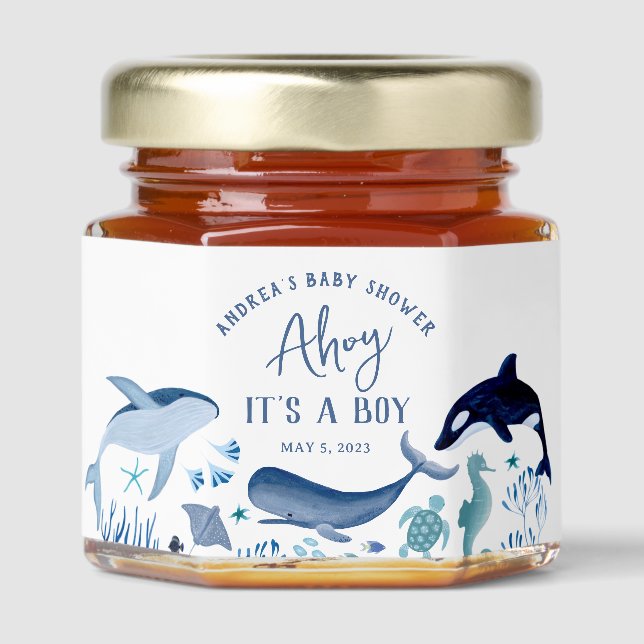 Ahoy It's a Boy Blue Under the Sea Baby Shower Honey Jar Favors (Front)