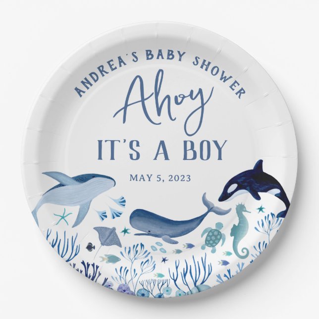 Ahoy It's a Boy Blue Under the Sea Baby Shower Paper Plates (Front)