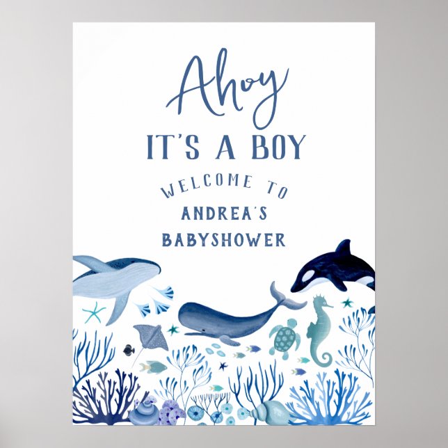 Ahoy It's a Boy Blue Under the Sea Baby Shower Poster (Front)