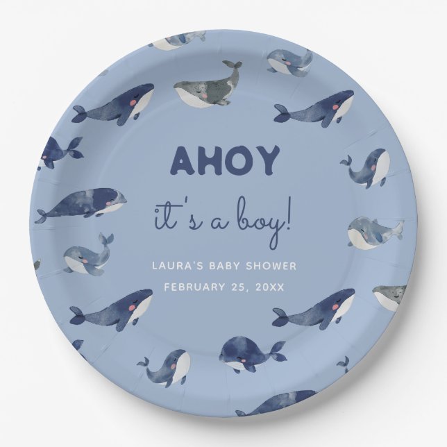 AHOY It's A Boy Blue Whale Baby Shower Paper Plates (Front)