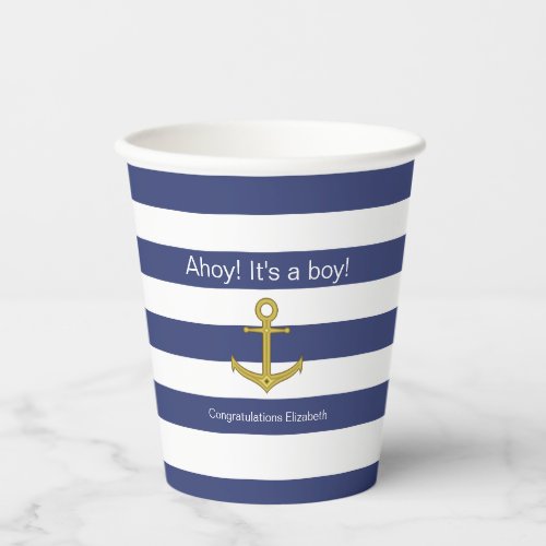 Ahoy Its a boy Blue White Nautical Baby Shower Paper Cups