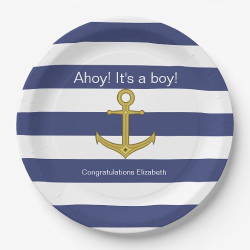 Ahoy Its a boy Blue White Nautical Baby Shower Paper Plates