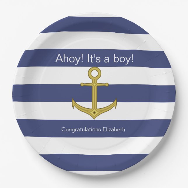 Ahoy! It's a boy! Blue White Nautical Baby Shower Paper Plates (Front)