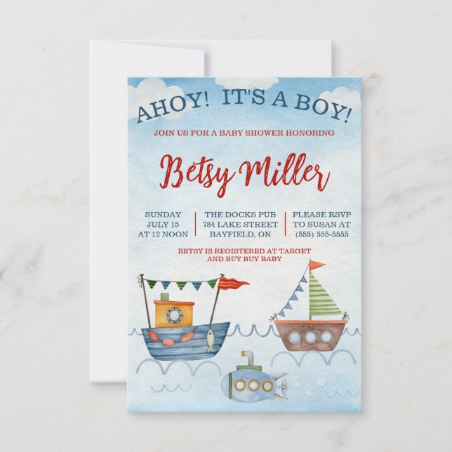 AHOY! It's a BOY!  Boats and Submarine Baby Shower Invitation (Front)