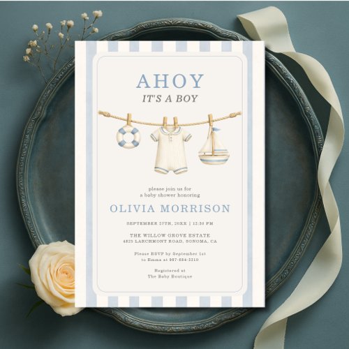 Ahoy It's a Boy Clothesline Stripes Baby Shower Invitation