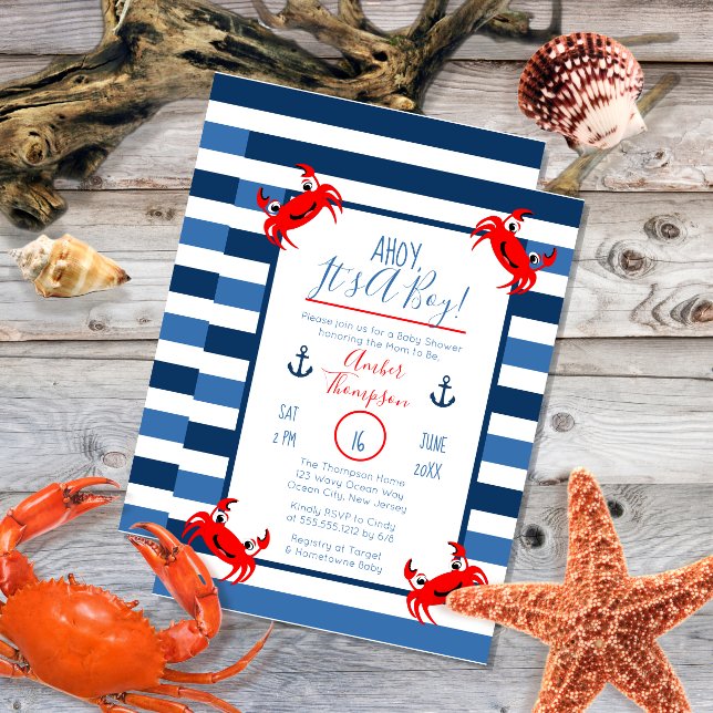 Ahoy It's A Boy Crab Nautical Theme Baby Shower Invitation