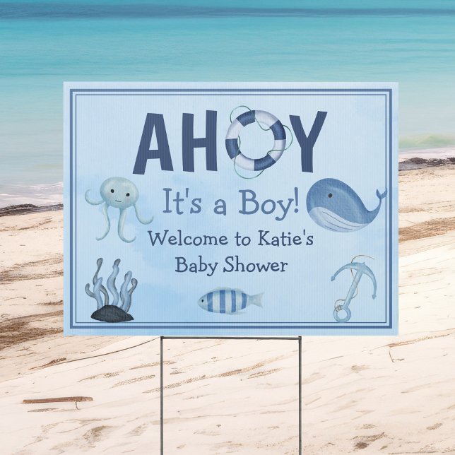 Ahoy It's a Boy Cute Blue Coastal Baby Shower Yard Sign (Creator Uploaded)