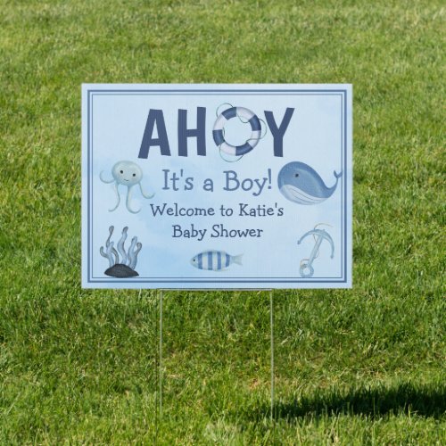 Ahoy Its a Boy Cute Blue Coastal Baby Shower Yard Sign