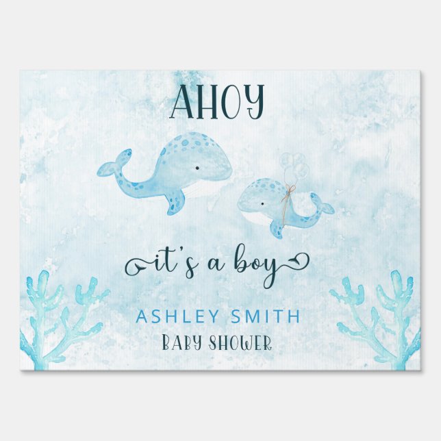 Ahoy Its a boy cute Mom and Baby whale baby shower Sign (Front)
