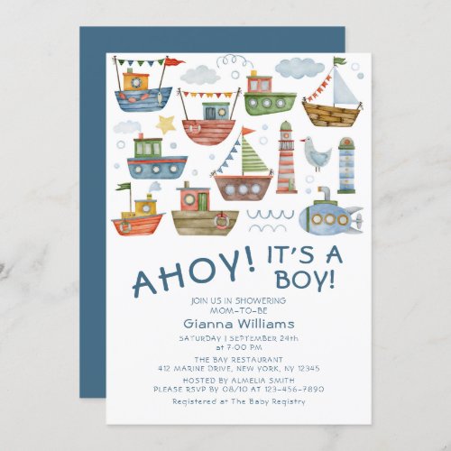 AHOY Its A Boy Cute Nautical Baby Shower Invitation