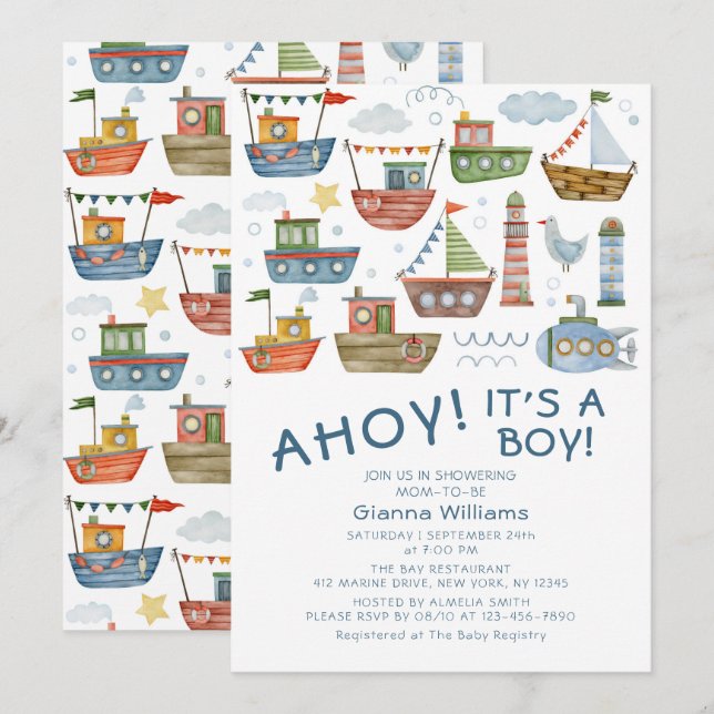 AHOY! It's A Boy Cute Nautical Baby Shower Invitation (Front/Back)