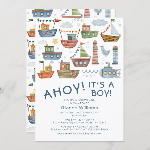 AHOY Its A Boy Cute Nautical Baby Shower Invitation
