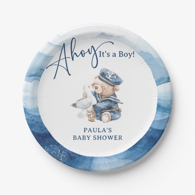 Ahoy It's a Boy Cute Nautical Baby Shower Paper Plates (Front)