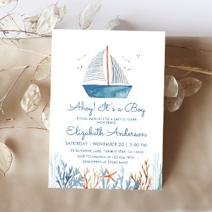 Ahoy! It's a Boy Cute Sailboat Baby Shower  Invitation