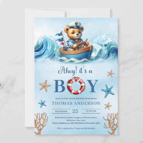 Ahoy Its A Boy Cute watercolor teddy bear sailor Invitation
