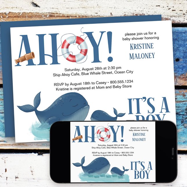Ahoy It's a Boy Happy Whale Boy Baby Shower Invitation (Nautical Baby Shower Invitation from my Happy Whale collection. Message if you need different items
)